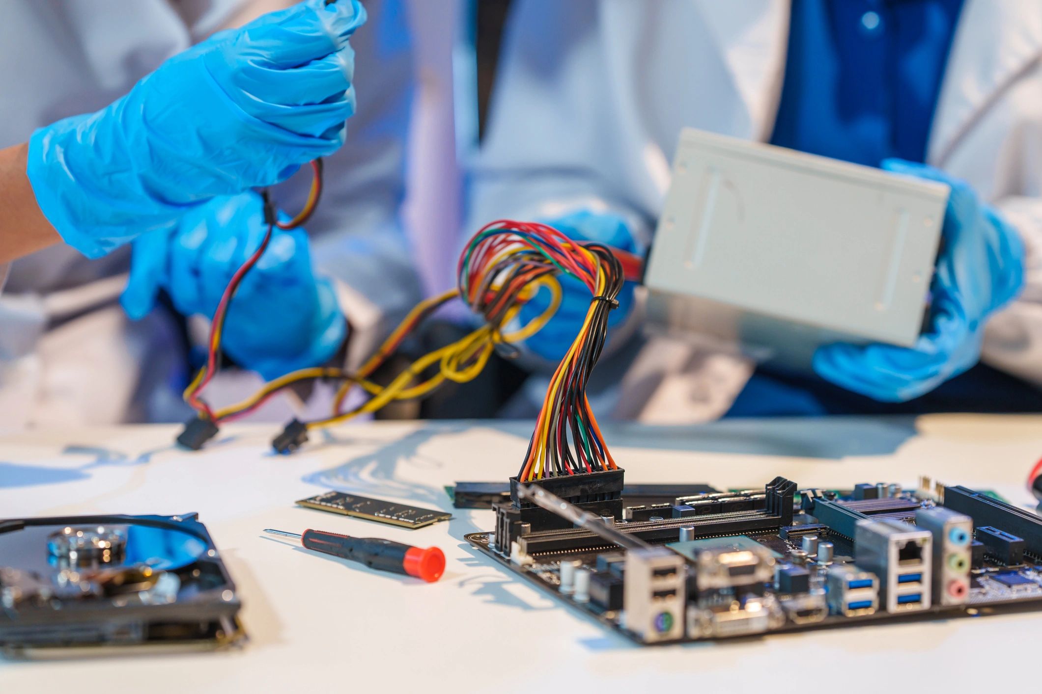 Technician working on electronics repair at a workbench