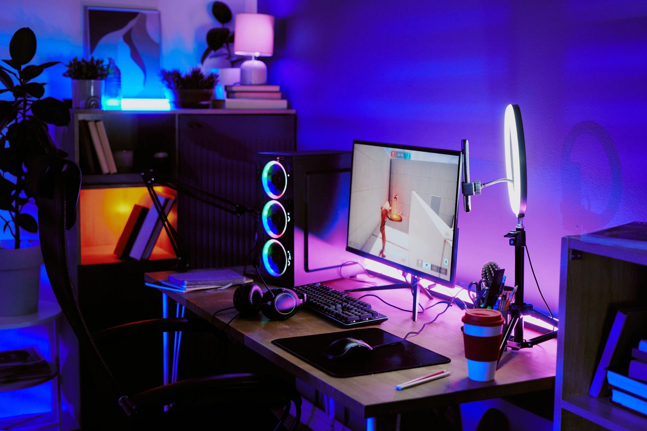 Desktop gaming PC setup with RGB lighting