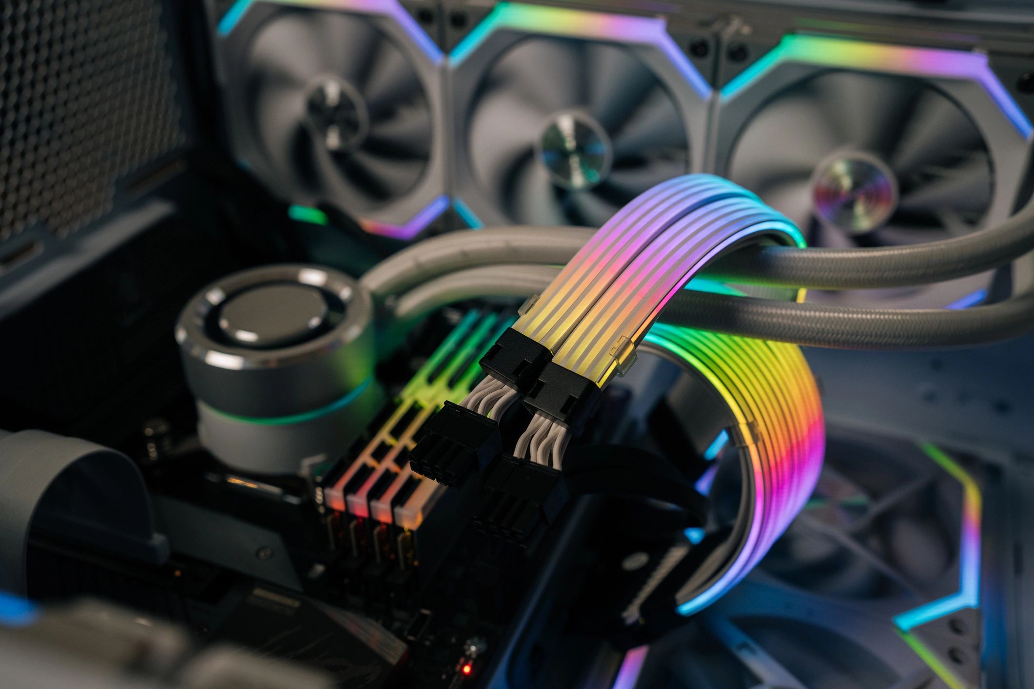RGB gaming PC interior with cables and lighting